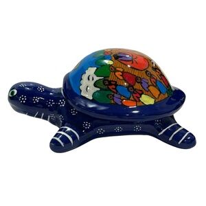 Vintage 1970s Isidoro Mexican Pottery Hand Painted Turtle Trinket Box - Colorful